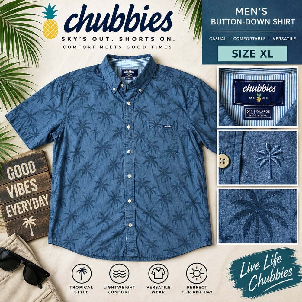 Chubbies Button-Down Shirt Size XL Blue Palm Tree Print Short Sleeve
